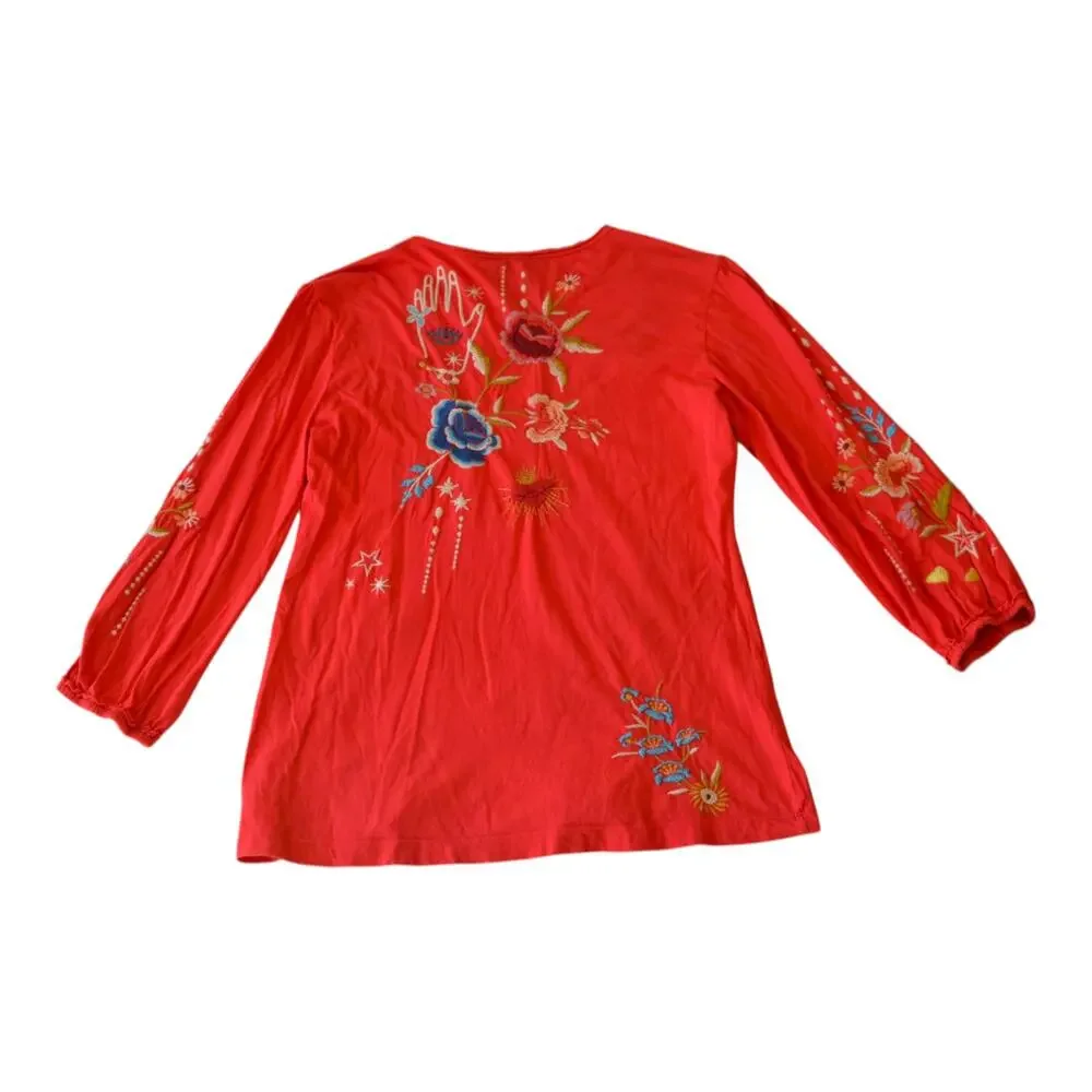 Johnny Was Maris Red Embroidered Puff Sleeve Cotton Knit Boho Tee Shirt XS